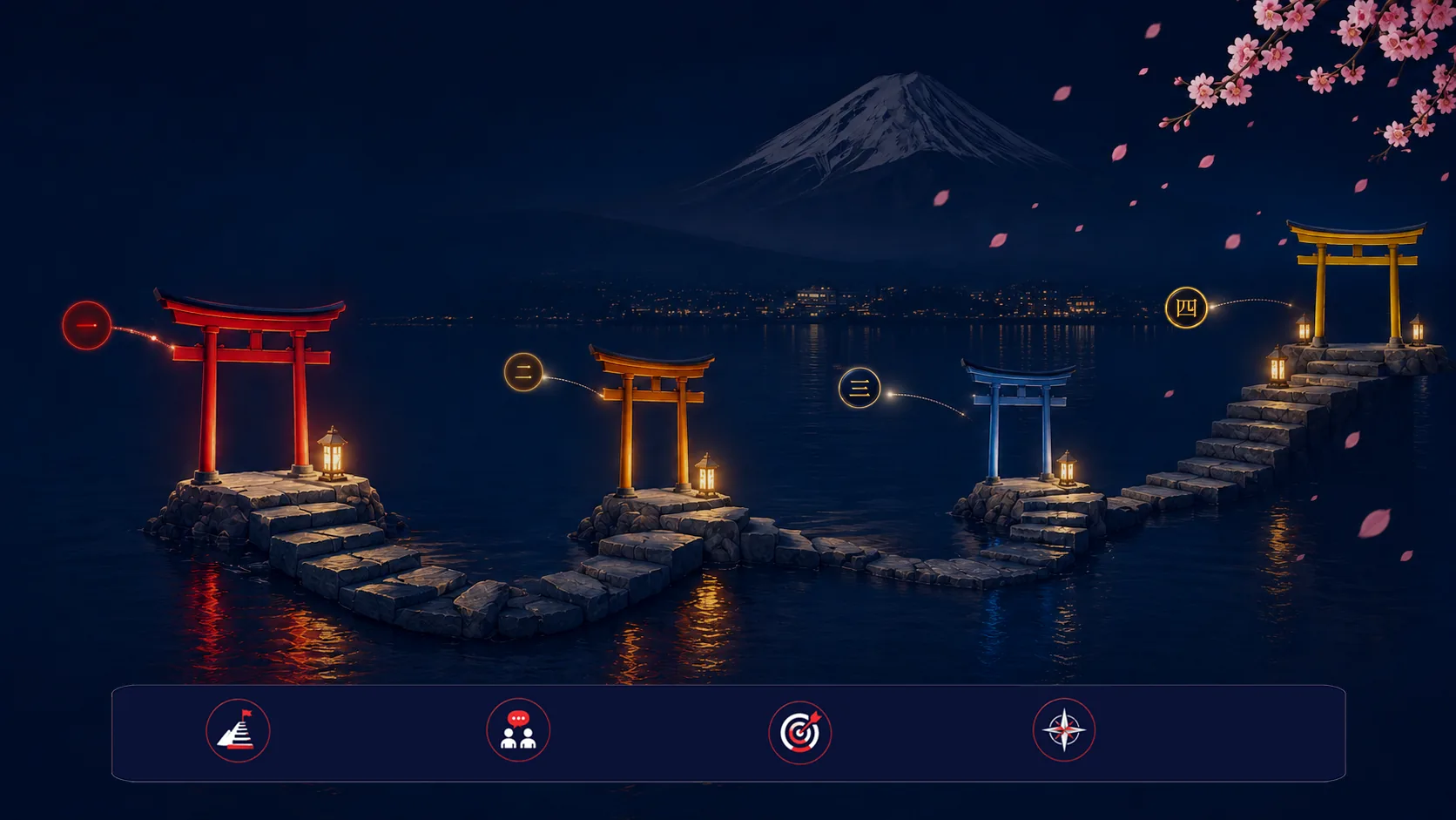 Four torii gates on a stone path across a lake, leading toward Mount Fuji at night